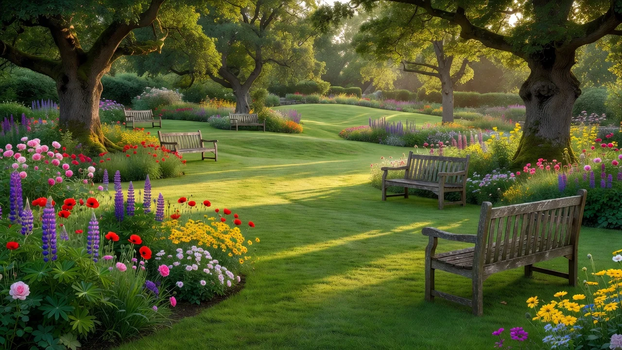 English country garden in Sussex with lawns, flower borders and wooden benches under mature trees