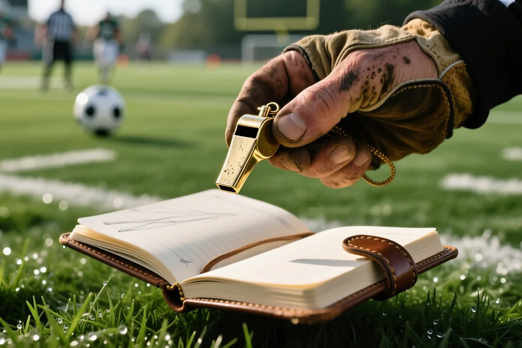 Referee whistle and notebook held in a hand over a green pitch, shot at close range