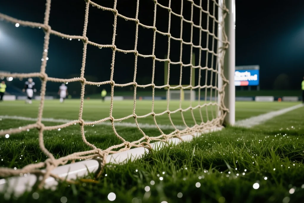 Goal net seen low from the grass behind the goal line on a floodlit pitch