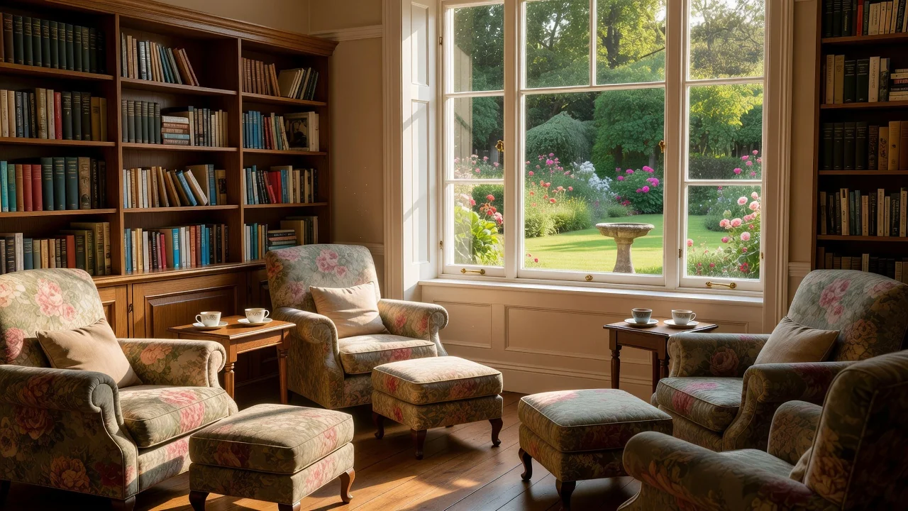 Sunlit lounge of a British care home with armchairs, bookshelves and a view over the garden