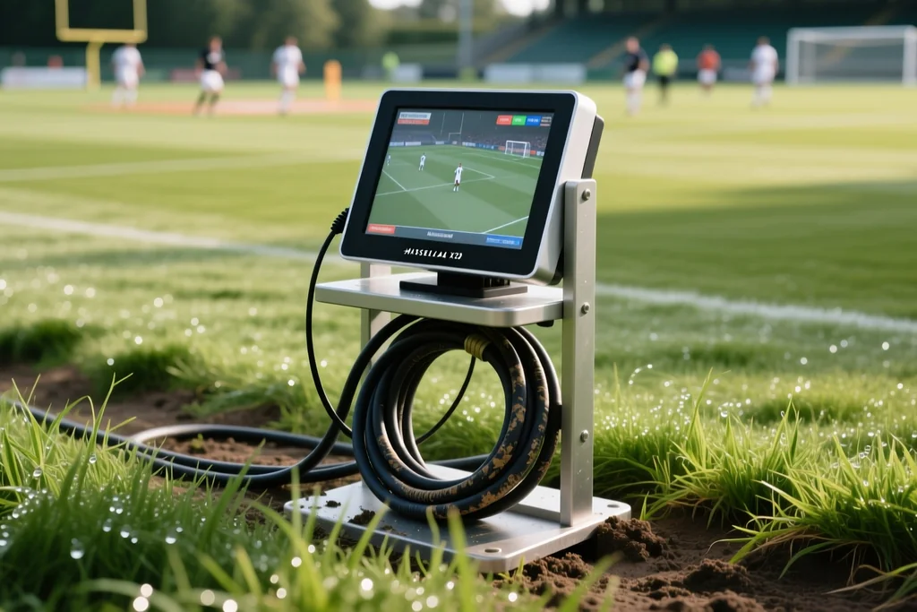 Pitchside monitor stand with coiled cables at its base on the edge of the grass
