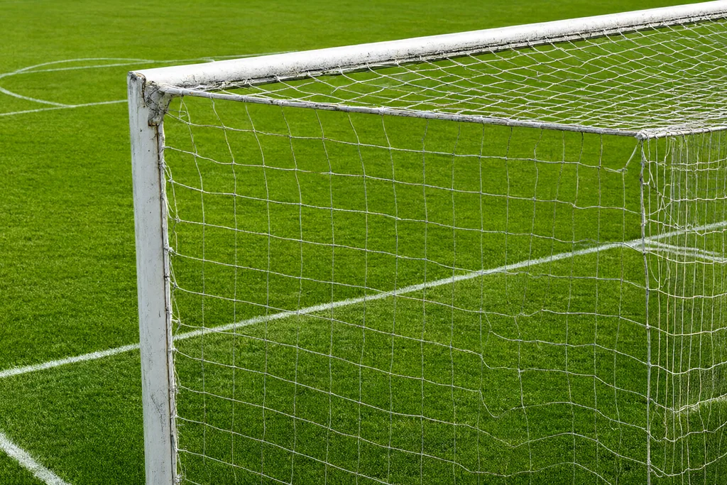 Goal area and six yard box markings seen from behind the net of an empty goal