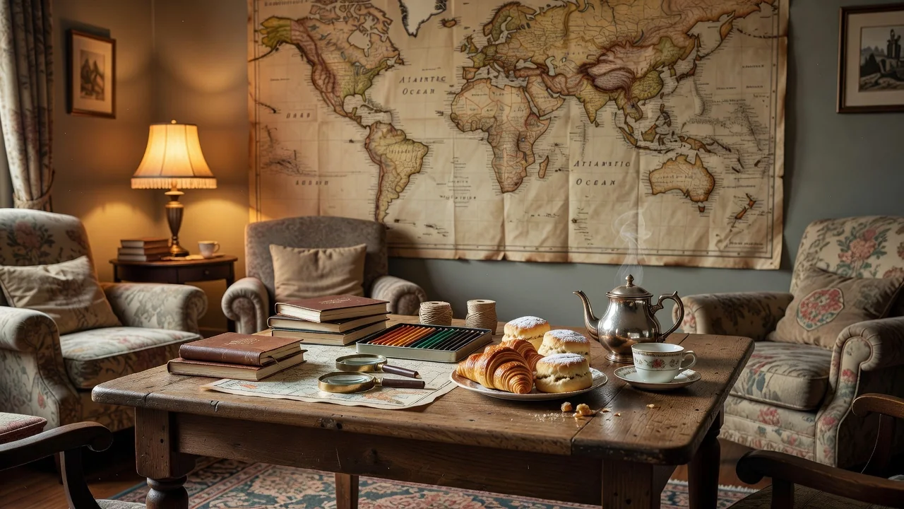 Cozy care home lounge with a world map on the wall, craft supplies and a pot of tea on the table