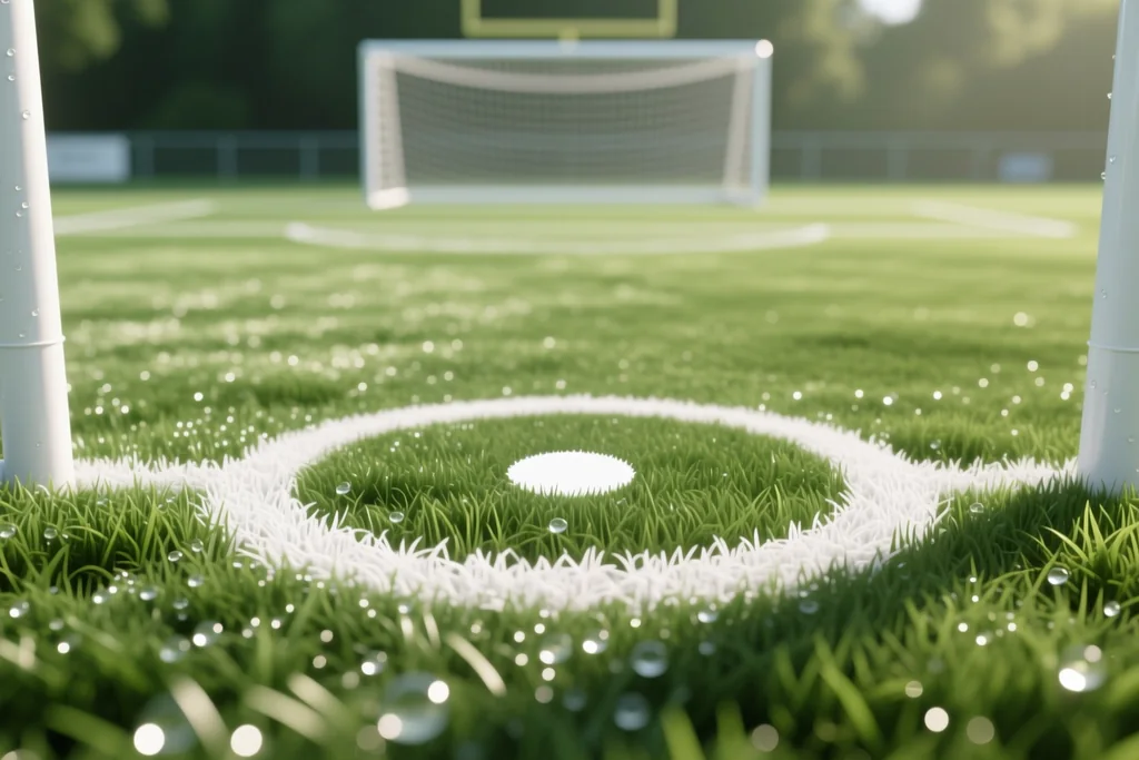 Penalty spot marking on the grass with the goal frame in the background