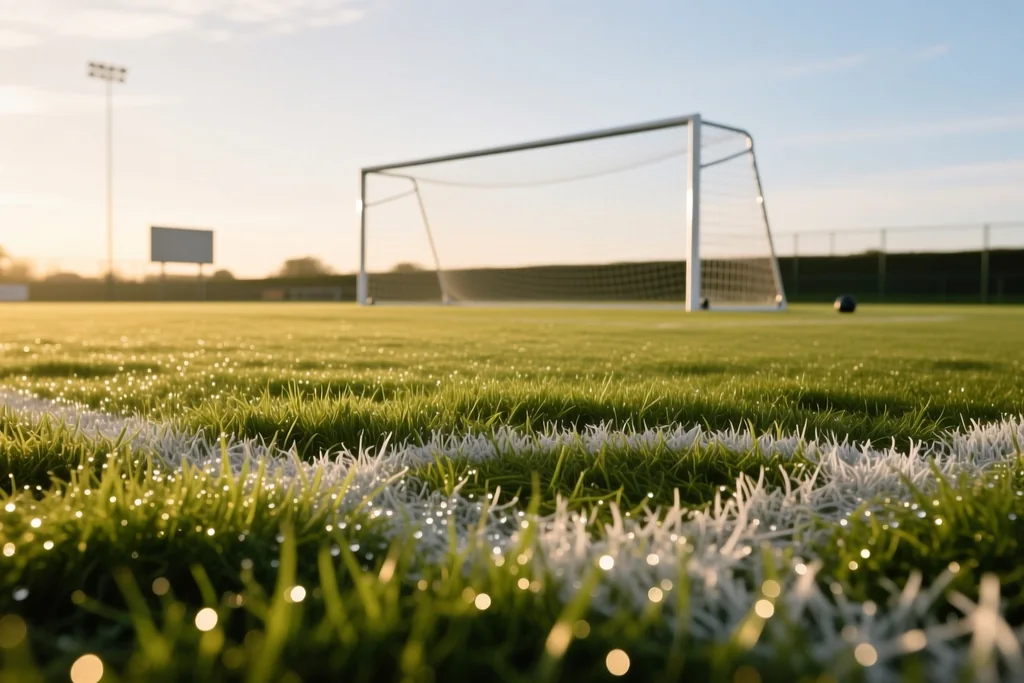 Edge of the penalty area photographed low across the grass with the goal beyond