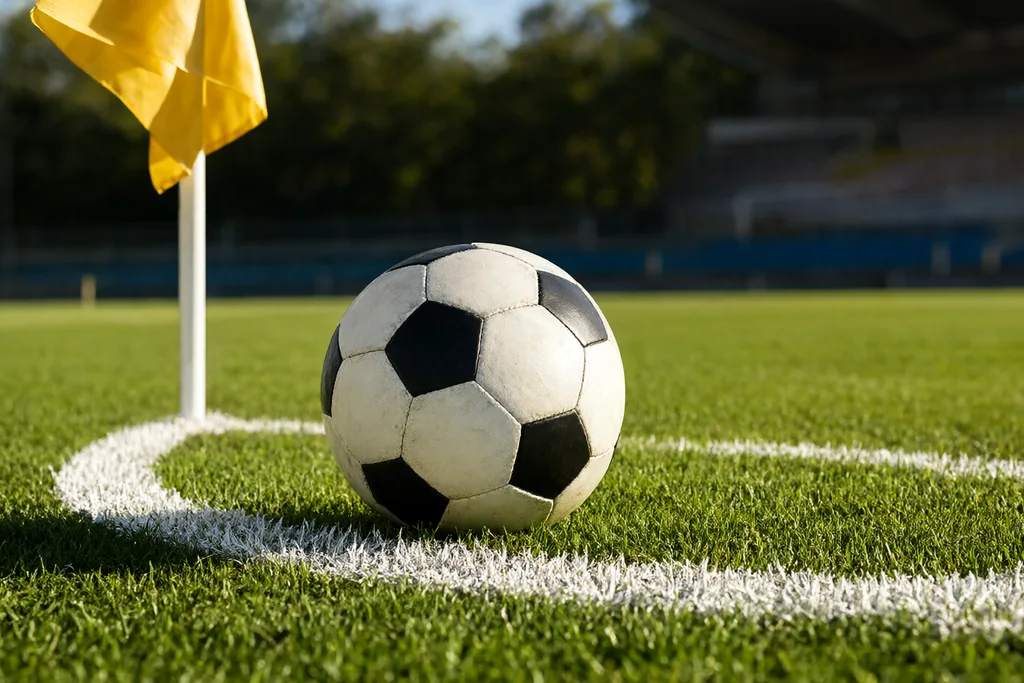 Edge of the penalty box markings with a football on the grass in the foreground
