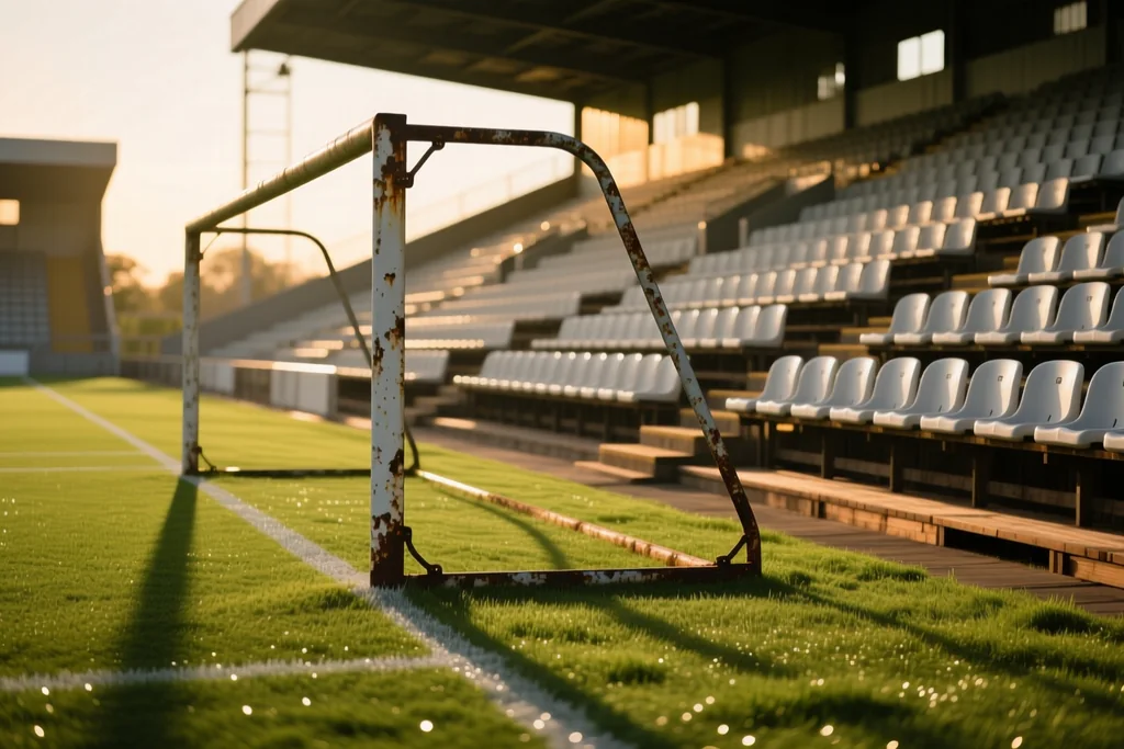 Empty stadium stand and the shadow of a goalpost stretching across the pitch