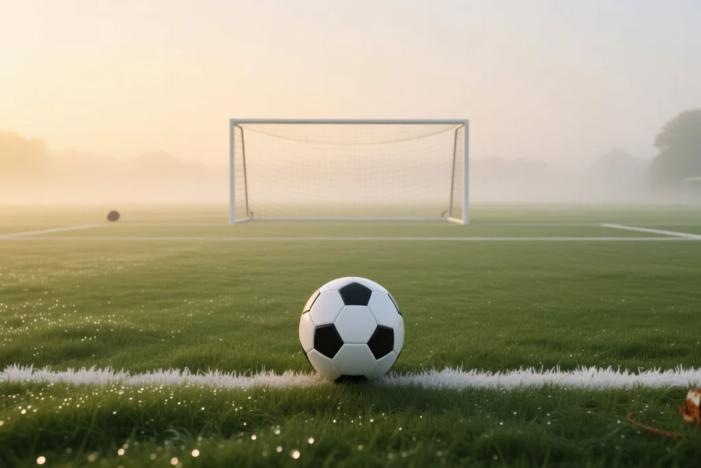 Non league football pitch with worn goalposts and a rope barrier on a grey morning