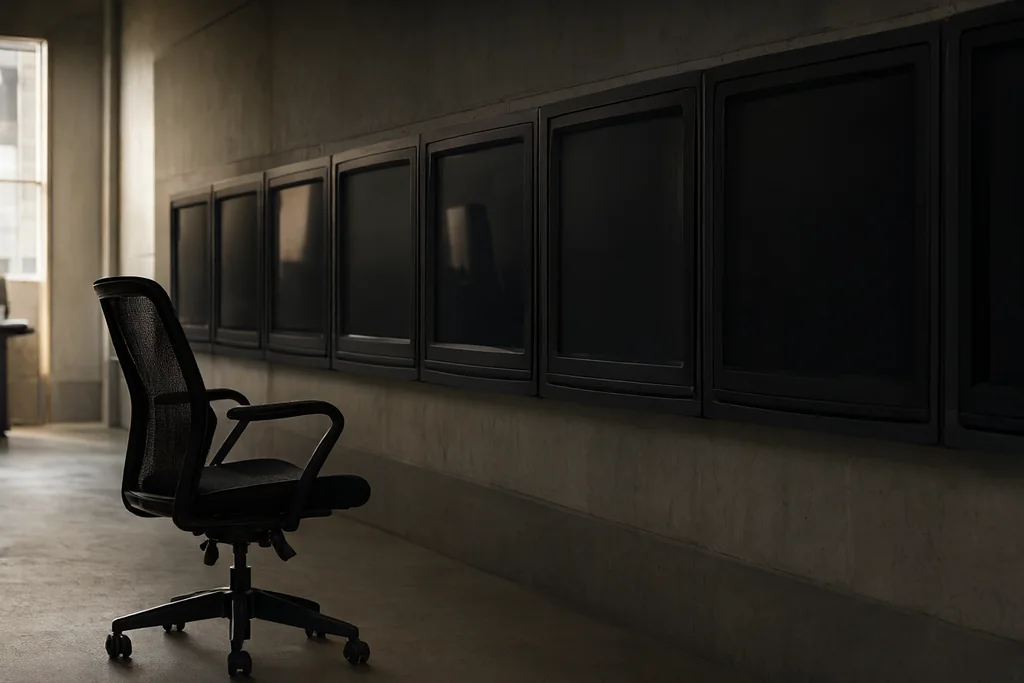Empty operator chair and headset in front of a wall of video monitors