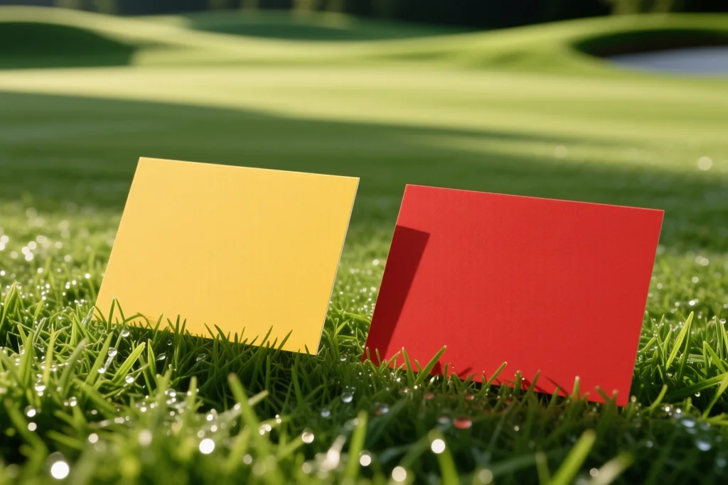 Yellow and red cards held flat side by side above green pitch grass
