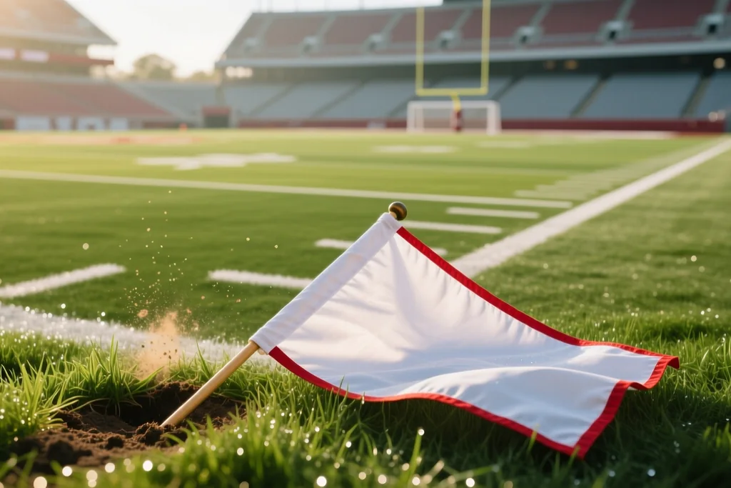 Linesman flag lying on the touchline grass with the pitch stretching away