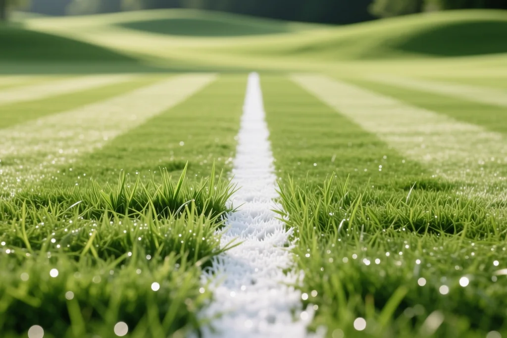 Fresh white painted line on mown grass with the turf stripes visible either side