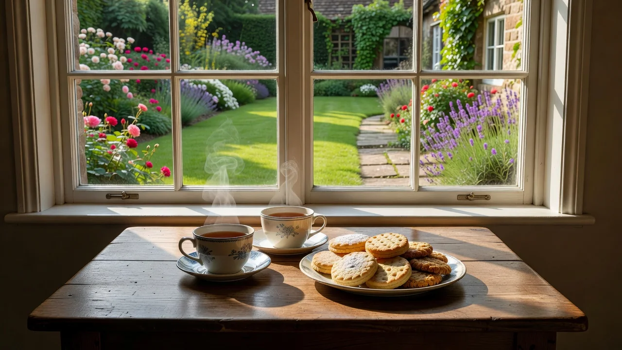 Two cups of tea on a kitchen table beside a sunny window in an English cottage