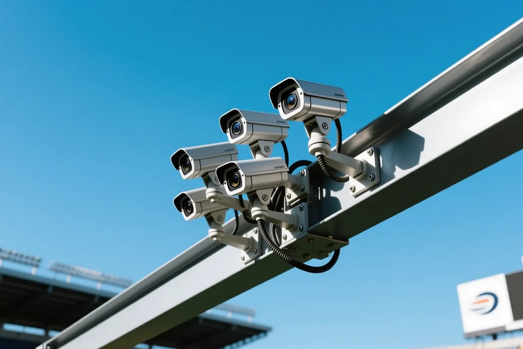 Cluster of small tracking cameras fixed to a stadium roof beam against a clear sky