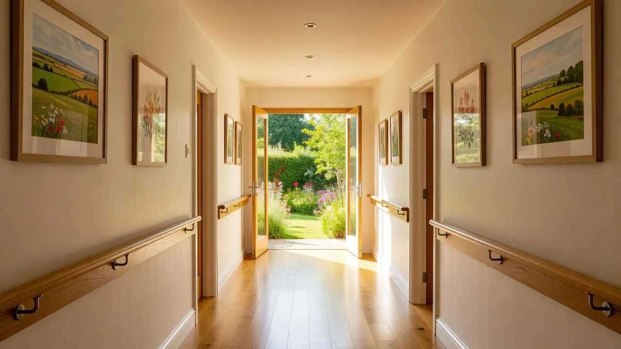 Bright corridor of a care home with handrails, framed artwork and open doors leading to a garden