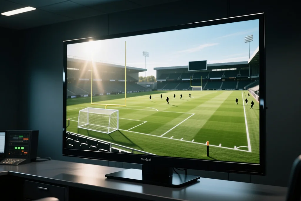 Broadcast monitor in a dark control room showing a wide angle view of a football pitch