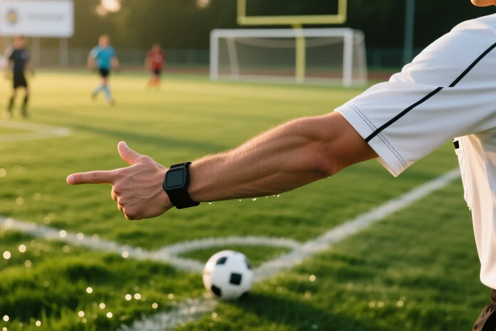Referee arm signalling a free kick photographed at close range against a green pitch