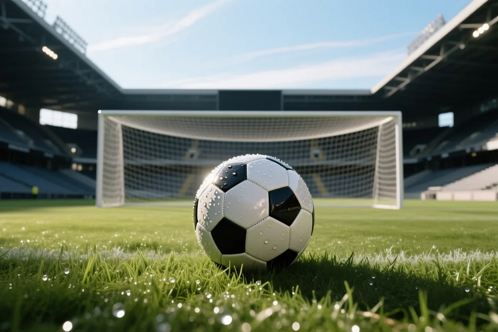 Match ball resting on the goal line on wet grass under stadium floodlights