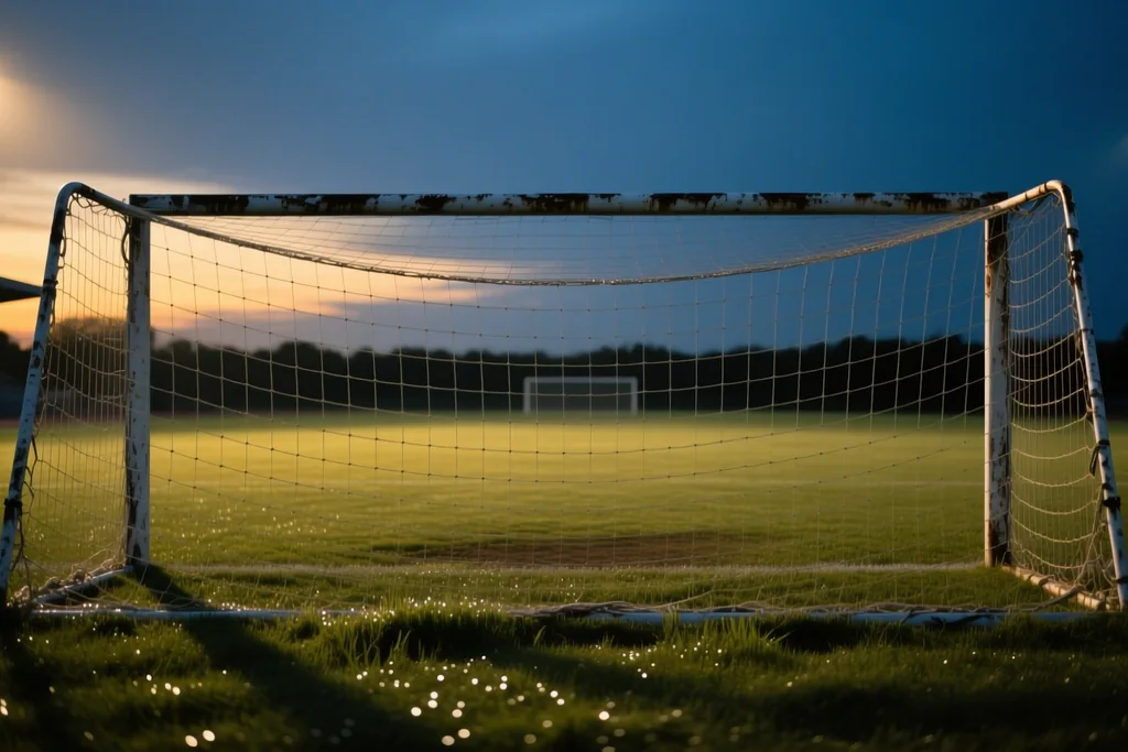 Goal net and posts photographed from behind the goal line under evening floodlights