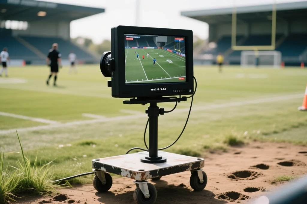 Referee monitor on the touchline viewed from a distance at a stadium