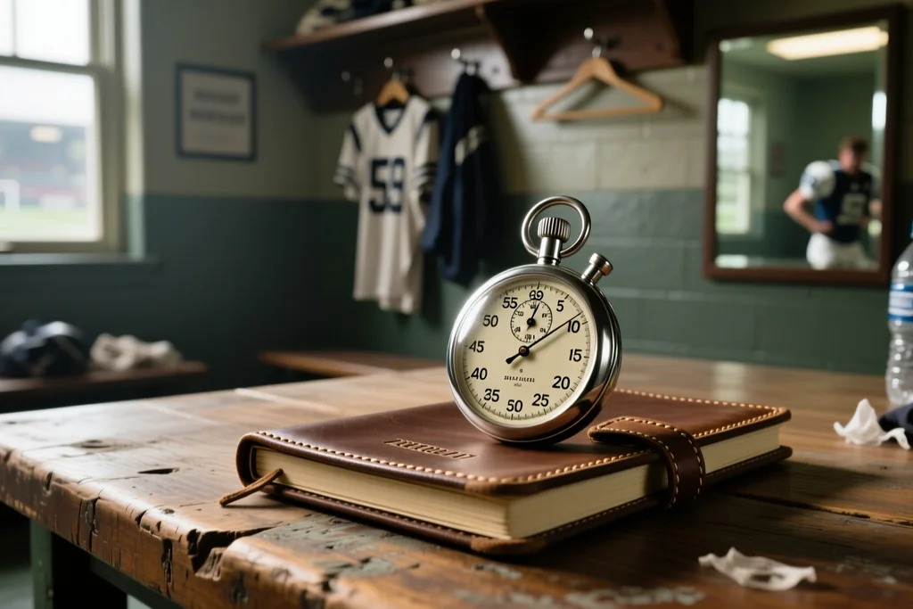 Stopwatch and referee notebook on a table in the dressing room before a match