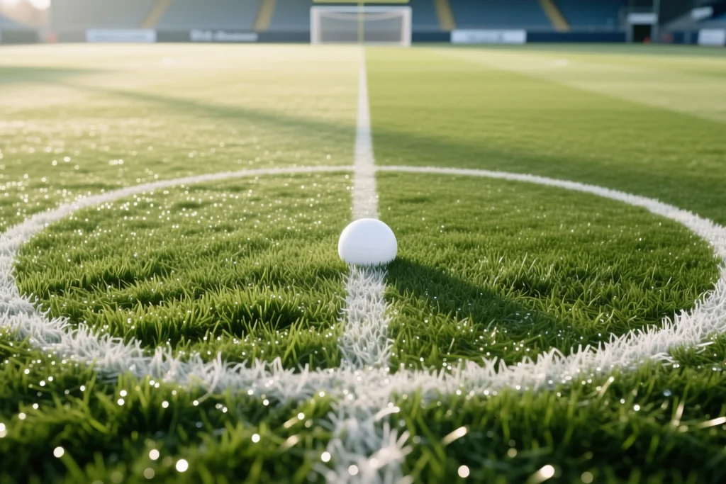 Penalty spot and penalty arc photographed on a freshly mown pitch