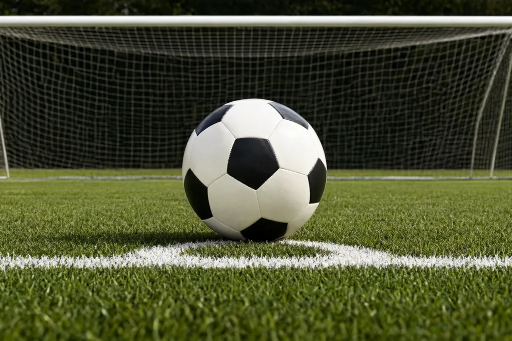 Defensive wall of players standing on the edge of the penalty area photographed from behind