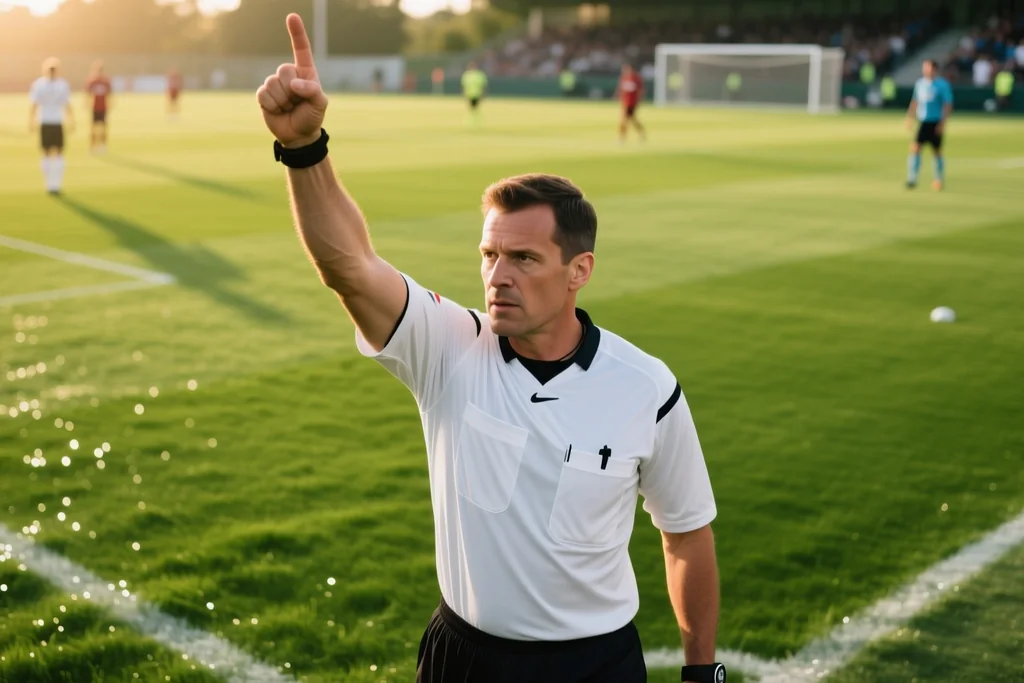 Referee signal with arm raised seen from the stands behind a crowd barrier