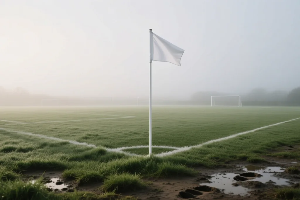 Grassroots football pitch with white corner flags photographed on an overcast morning