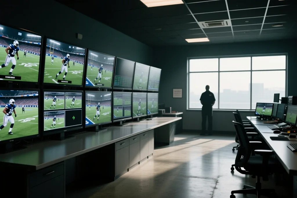 Dark video operations room lined with monitors showing football camera feeds