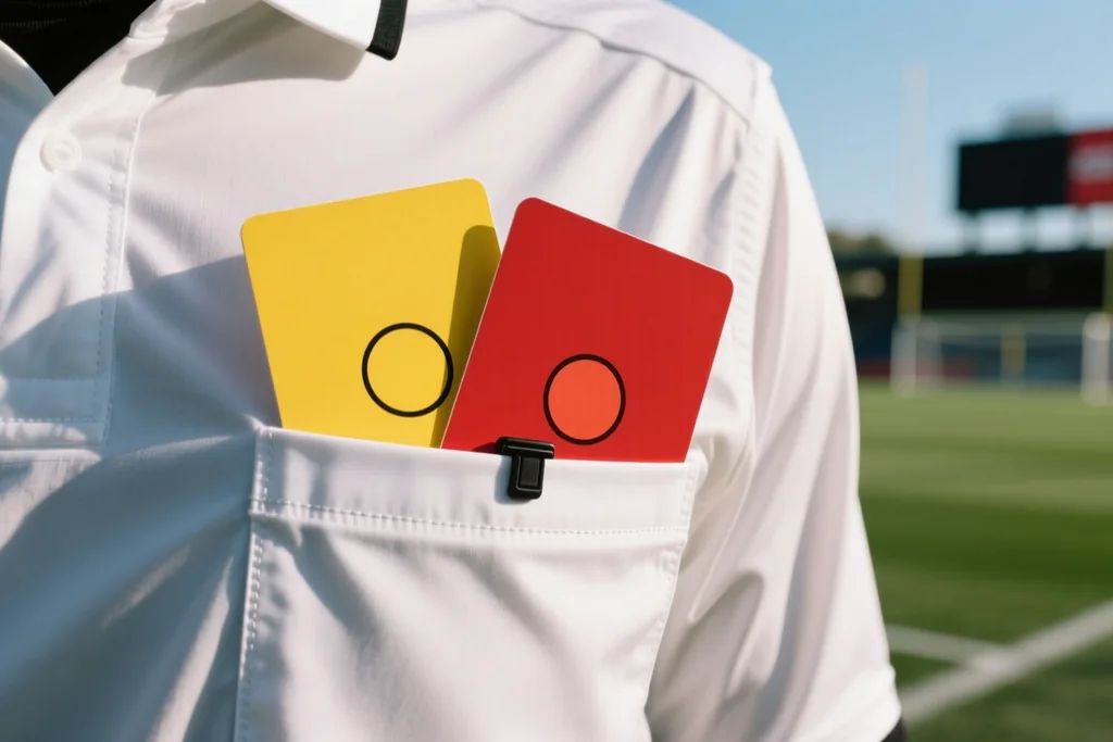 Yellow and red cards held together in a referee shirt pocket