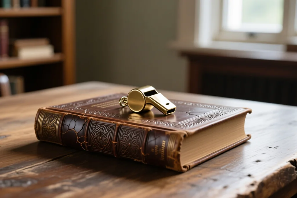Open referee rulebook resting on a wooden table beside a whistle and a pencil