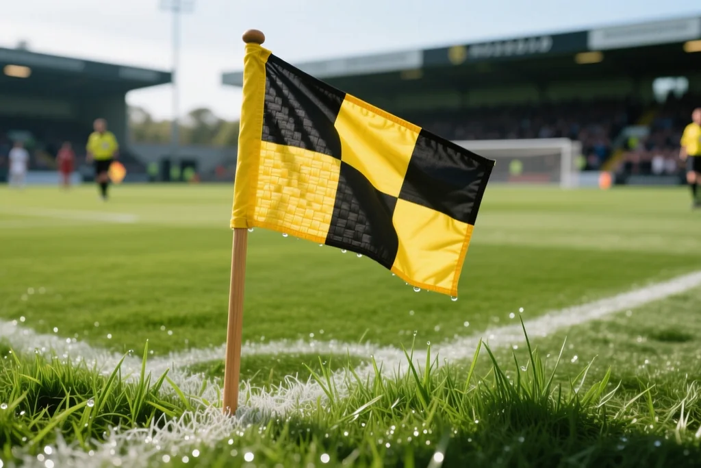 Assistant referee flag planted on the touchline beside freshly cut grass
