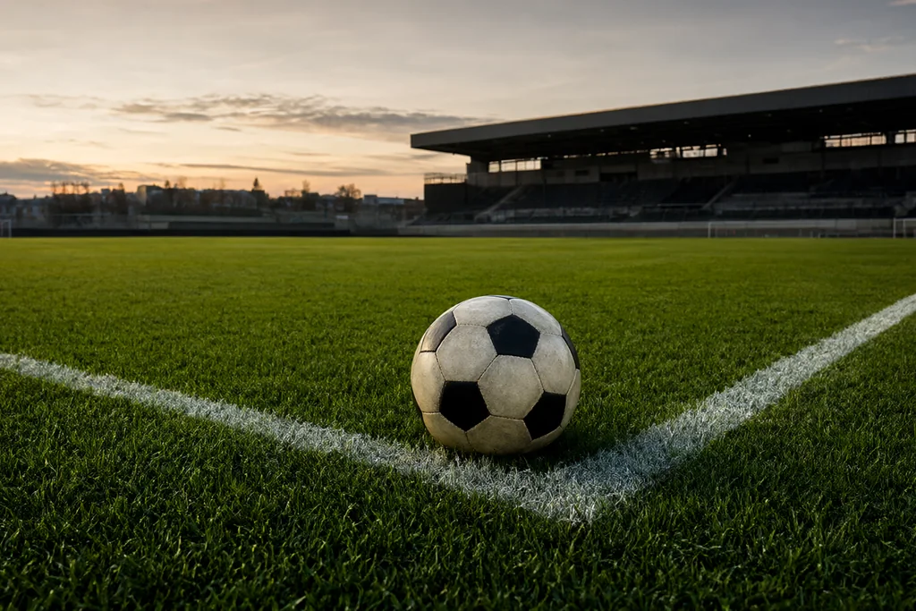 Football pitch photographed at dusk with fresh white line markings and a match ball on the touchline