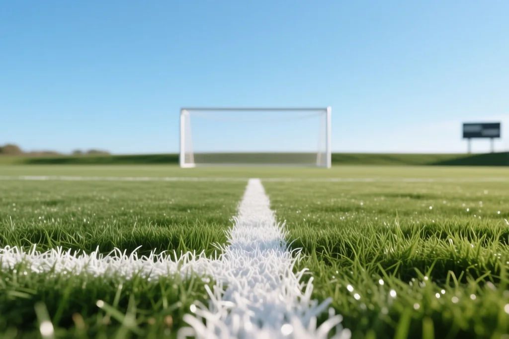 Goal area with the offside line marked in fresh white paint on green grass