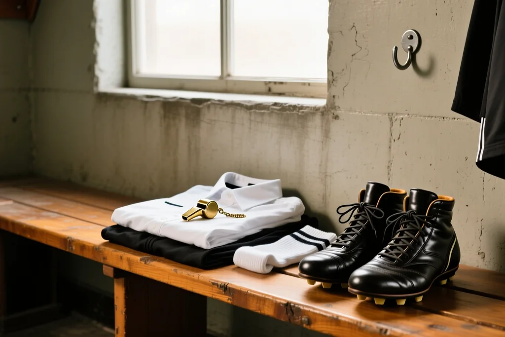 Referee locker room with a folded kit, boots and a whistle on a wooden bench