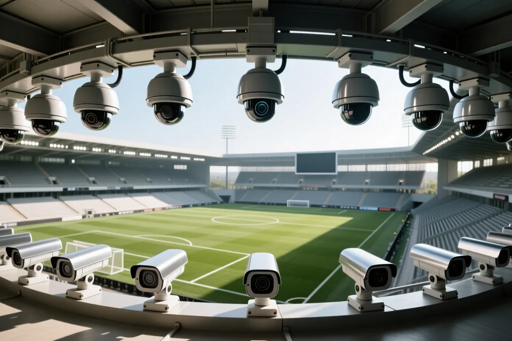 Ring of tracking cameras mounted around a stadium roof above a floodlit pitch
