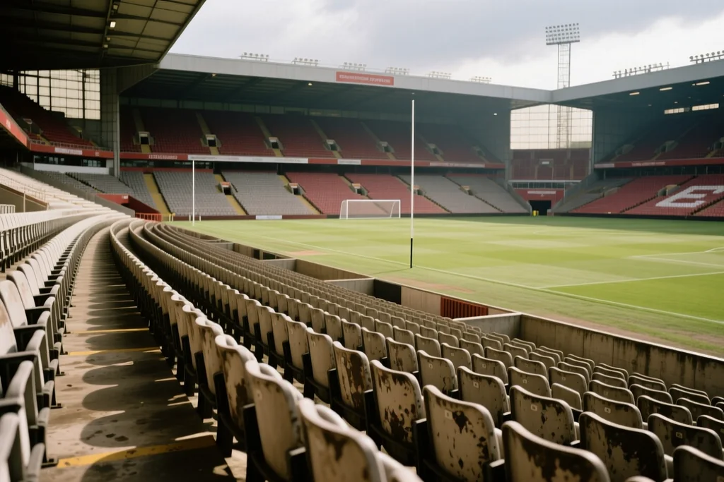 Empty Premier League stadium seats photographed from the touchline before kick-off