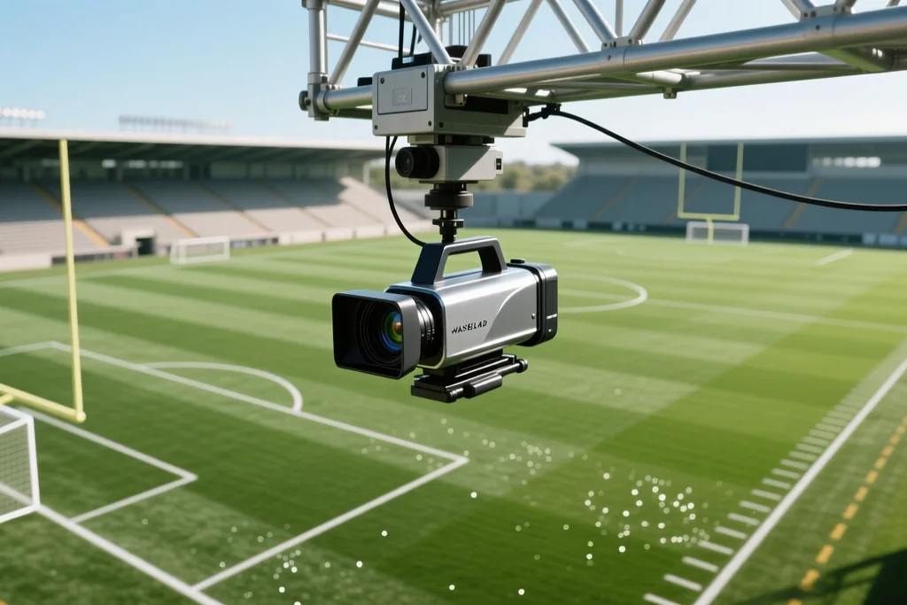 Camera operator filming a football match from a gantry high above the pitch