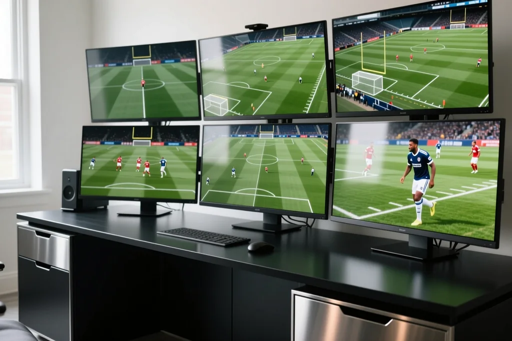 Video review desk with multiple monitors showing a football pitch from different camera angles